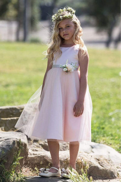 Rossybell Satin & Tulle Girls Dress with Satin Sash & Flower and Plus Size