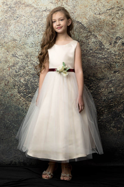 Rossybell Satin & Tulle Girls Dress with Satin Sash & Flower and Plus Size