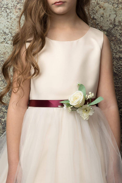 Rossybell Satin & Tulle Girls Dress with Satin Sash & Flower and Plus Size