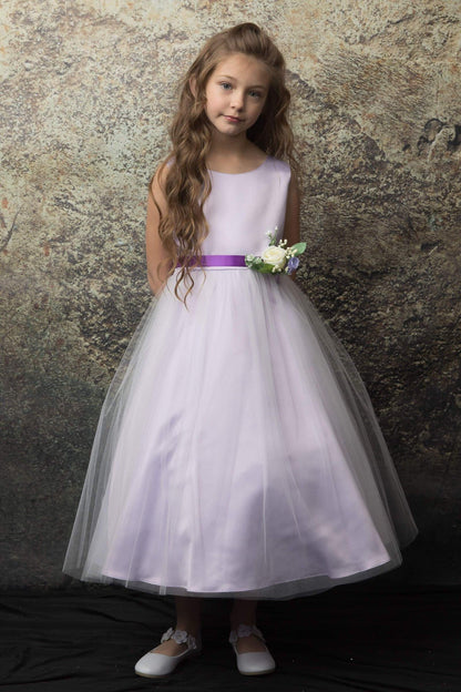 Rossybell Satin & Tulle Girls Dress with Satin Sash & Flower and Plus Size