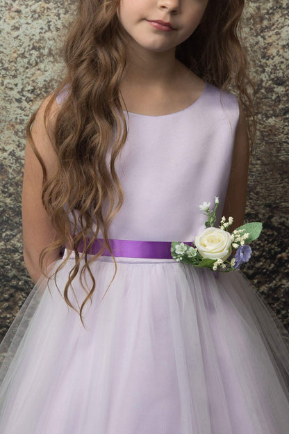 Rossybell Satin & Tulle Girls Dress with Satin Sash & Flower and Plus Size