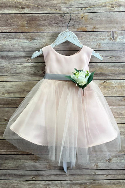 Rossybell Satin & Tulle Baby Dress with Satin Sash & Flower