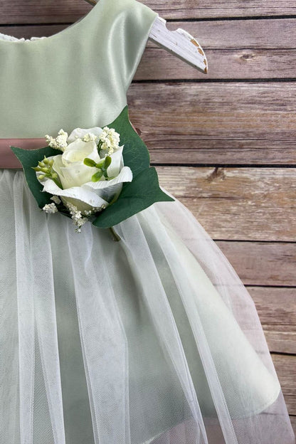 Rossybell Satin & Tulle Baby Dress with Satin Sash & Flower