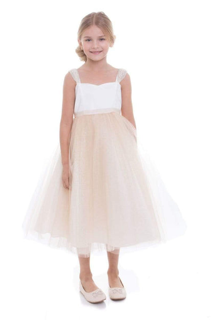 Dress - Serenity Satin Top Girls Dress With Short Pearl Capped Sleeves And Glitter Skirt