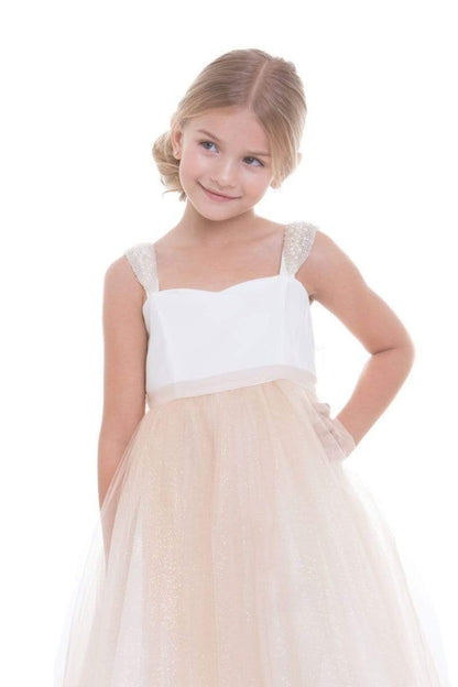 Dress - Serenity Satin Top Girls Dress With Short Pearl Capped Sleeves And Glitter Skirt