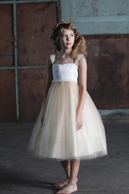 Dress - Serenity Satin Top Girls Dress With Short Pearl Capped Sleeves And Glitter Skirt