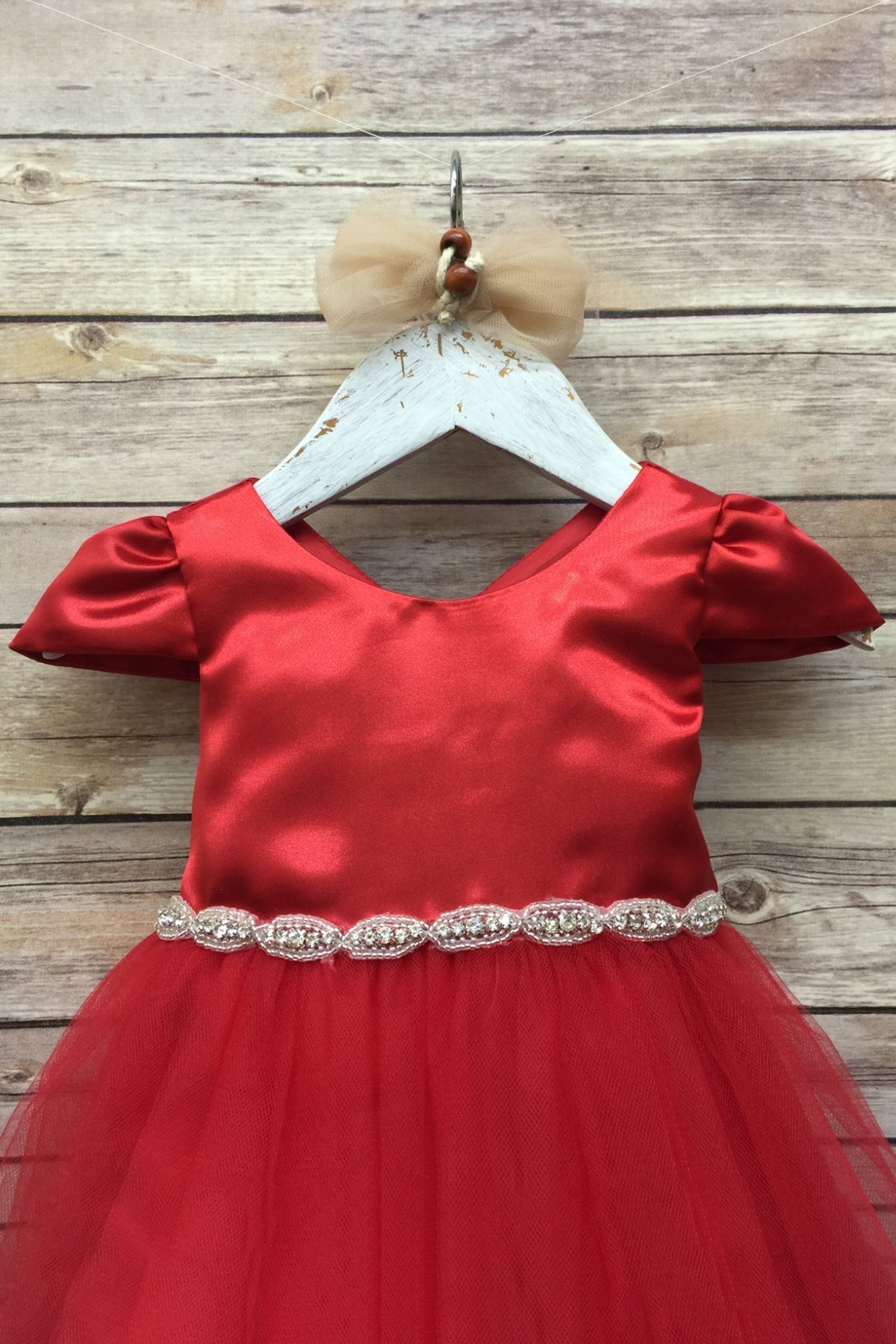 Regina Satin & Tulle Baby Dress with Capped Sleeves and Swirl Rhinestone Belt