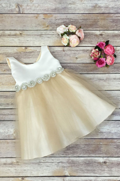 Abigail Satin & Tulle Baby Dress with Swirl Rhinestone Belt