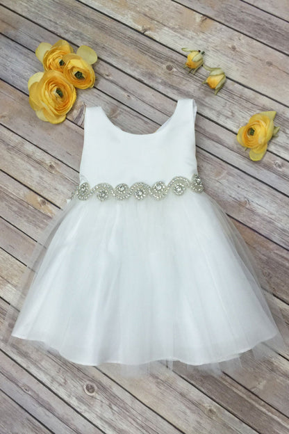 Abigail Satin & Tulle Baby Dress with Swirl Rhinestone Belt