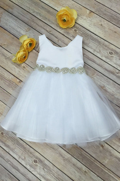 Abigail Satin & Tulle Baby Dress with Swirl Rhinestone Belt