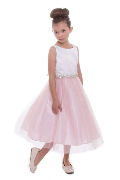 Abigail Satin Two-Tone Girls Dress with Swirl Rhinestone Belt and Plus Size