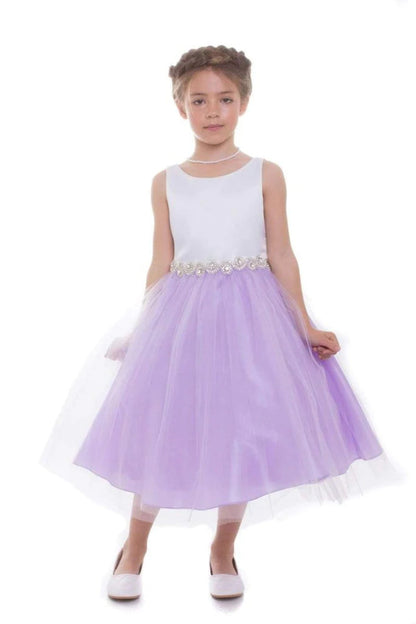 Abigail Satin Two-Tone Girls Dress with Swirl Rhinestone Belt and Plus Size