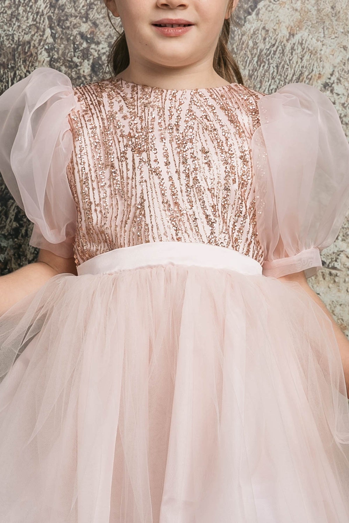 Dress - Valentina Glitter & Tulle Girls Dress With Organza Bubble Sleeves