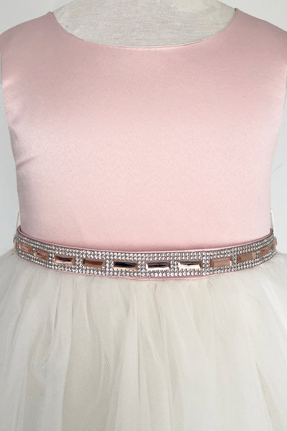 Pink & Rose Gold Rhinestone Satin & Tulle Girls Dress