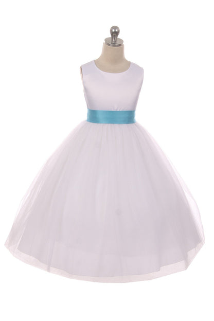*RESTOCKED* White Satin Sash & Bow Girls Dress (1 of 2)