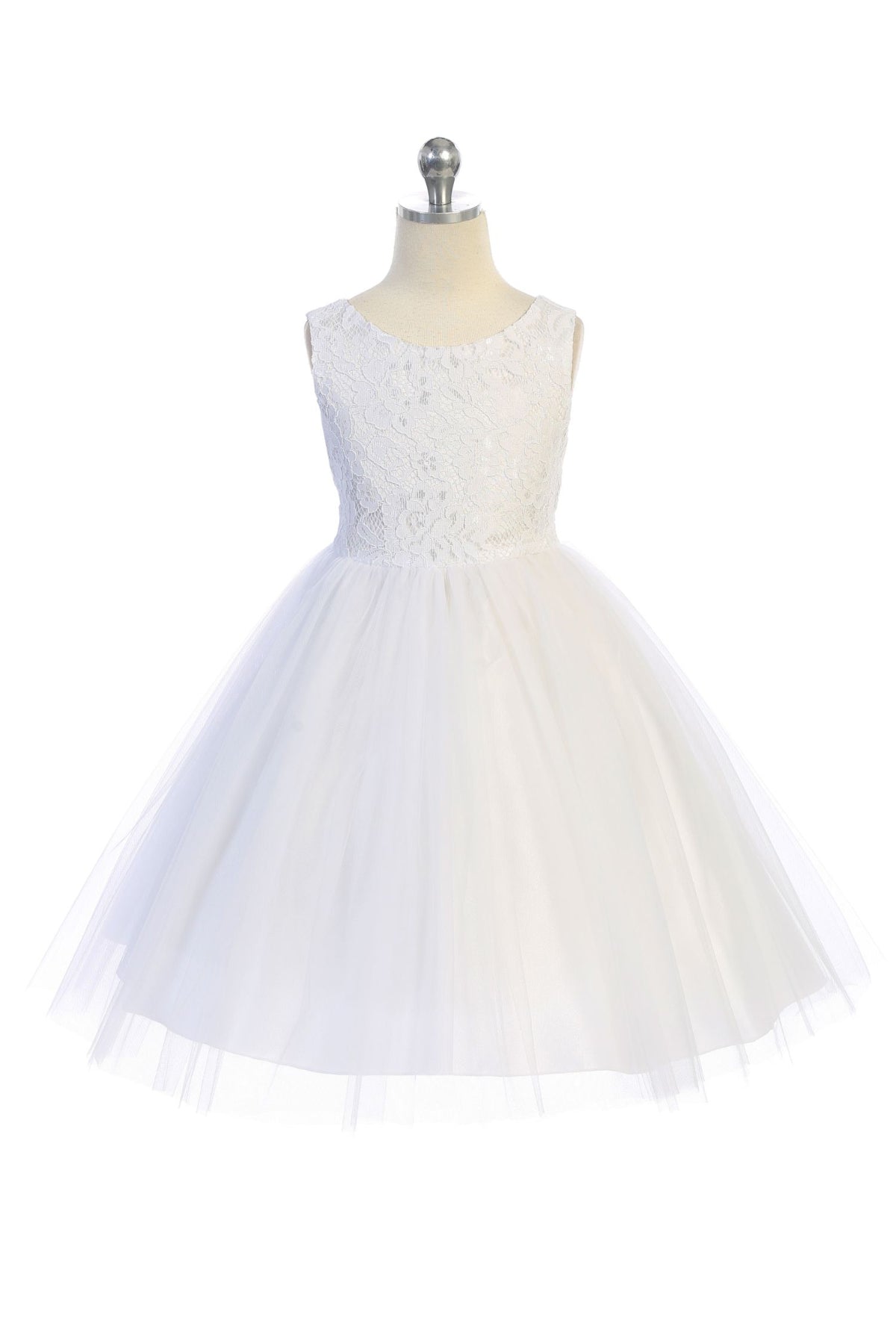 Lace Illusion Girls Dress with Mesh Pearl Trim