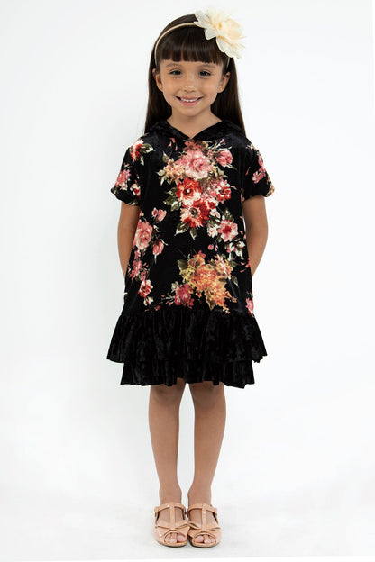 Dress - Floral Velvet Hoodie Ruffle Girls Dress