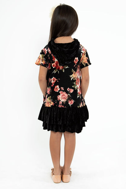 Dress - Floral Velvet Hoodie Ruffle Girls Dress