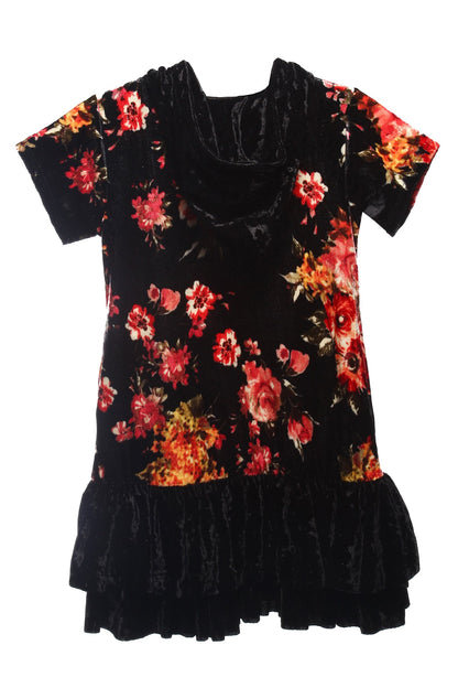 Dress - Floral Velvet Hoodie Ruffle Girls Dress