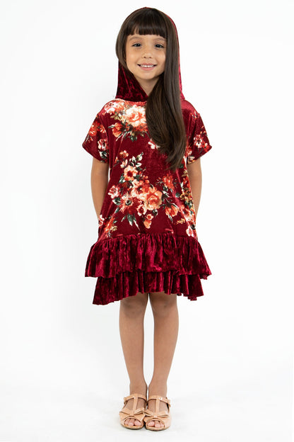 Dress - Floral Velvet Hoodie Ruffle Girls Dress