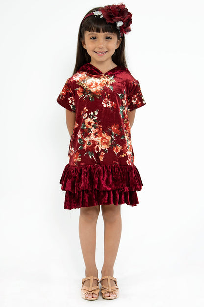 Dress - Floral Velvet Hoodie Ruffle Girls Dress