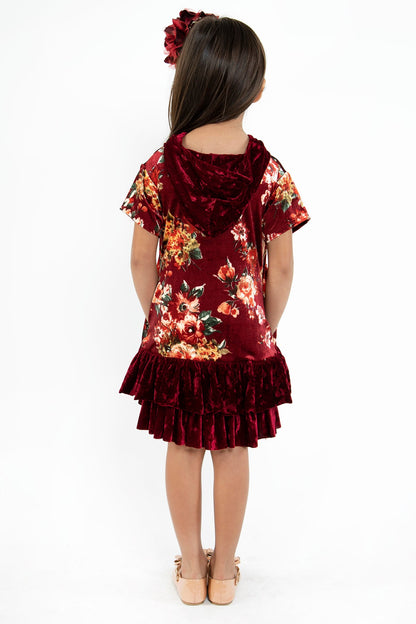 Dress - Floral Velvet Hoodie Ruffle Girls Dress