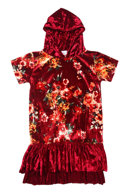 Dress - Floral Velvet Hoodie Ruffle Girls Dress