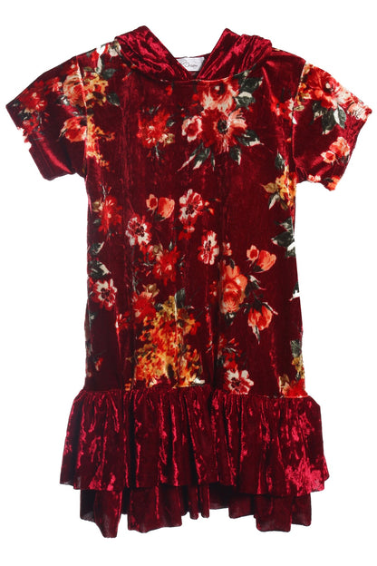 Dress - Floral Velvet Hoodie Ruffle Girls Dress