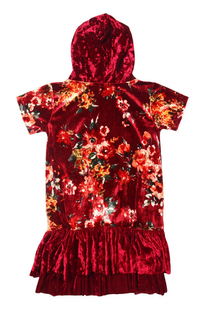 Dress - Floral Velvet Hoodie Ruffle Girls Dress