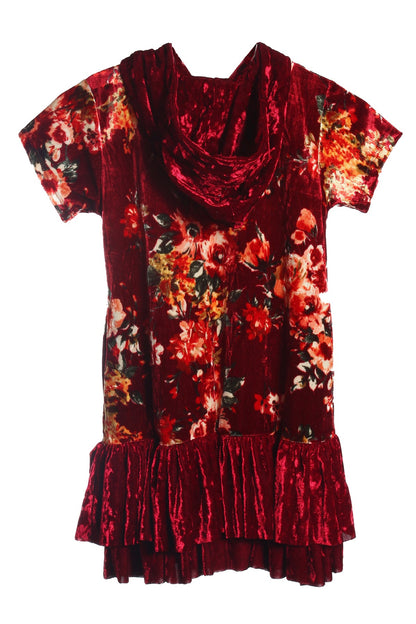 Dress - Floral Velvet Hoodie Ruffle Girls Dress