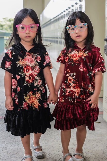 Dress - Floral Velvet Hoodie Ruffle Girls Dress