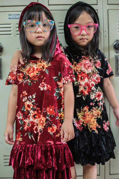 Dress - Floral Velvet Hoodie Ruffle Girls Dress