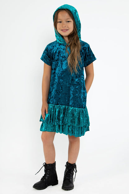 Dress - Velvet Hoodie Ruffle Girls Dress