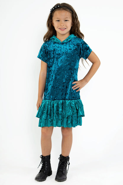 Dress - Velvet Hoodie Ruffle Girls Dress