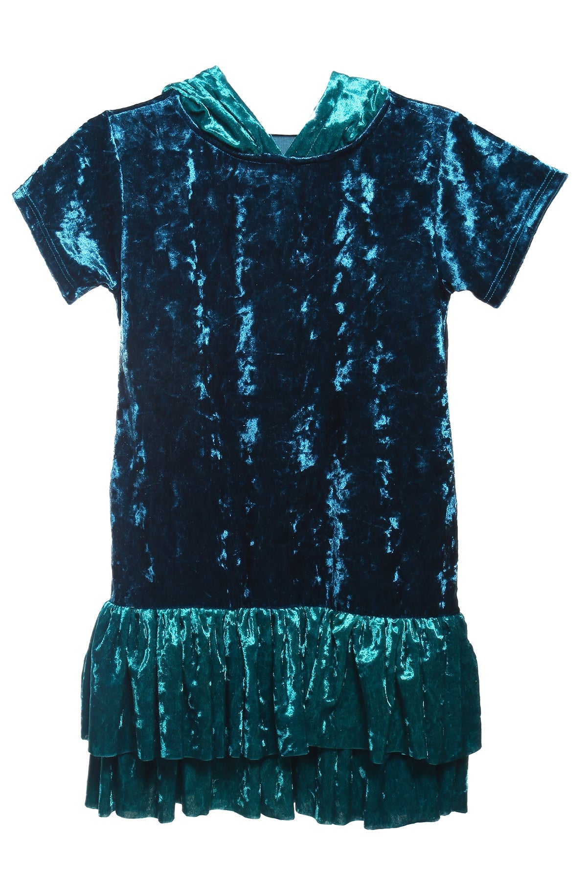 Velvet Hoodie Ruffle Girls Dress 10 / Teal 2-Tone Velvet Hoodie Ruffle Girls Dress 10 / Teal 2-Tone