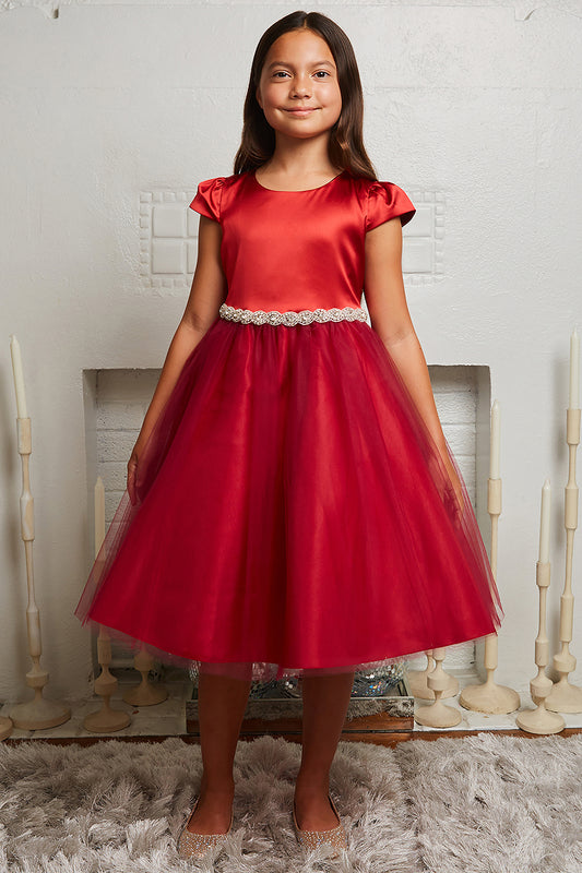 Capped Sleeve Satin & Tulle Girls Dress with Braided Rhinestone Trim