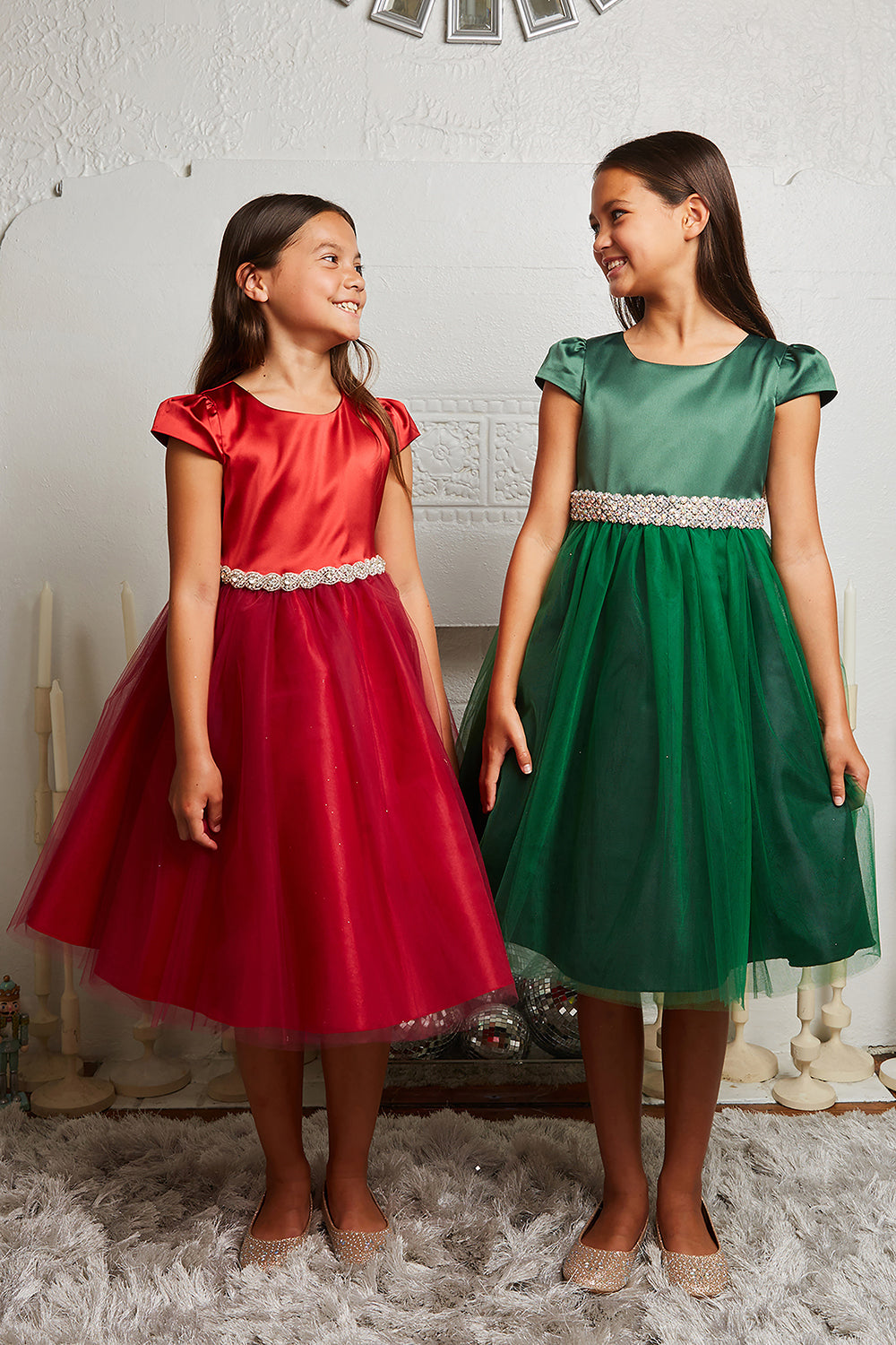 Capped Sleeve Satin Tulle Girls Dress with Diamond Shaped Rhinestone Kid s Dream