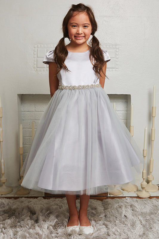 Capped Sleeve Satin & Tulle Girls Dress with Braided Rhinestone Trim