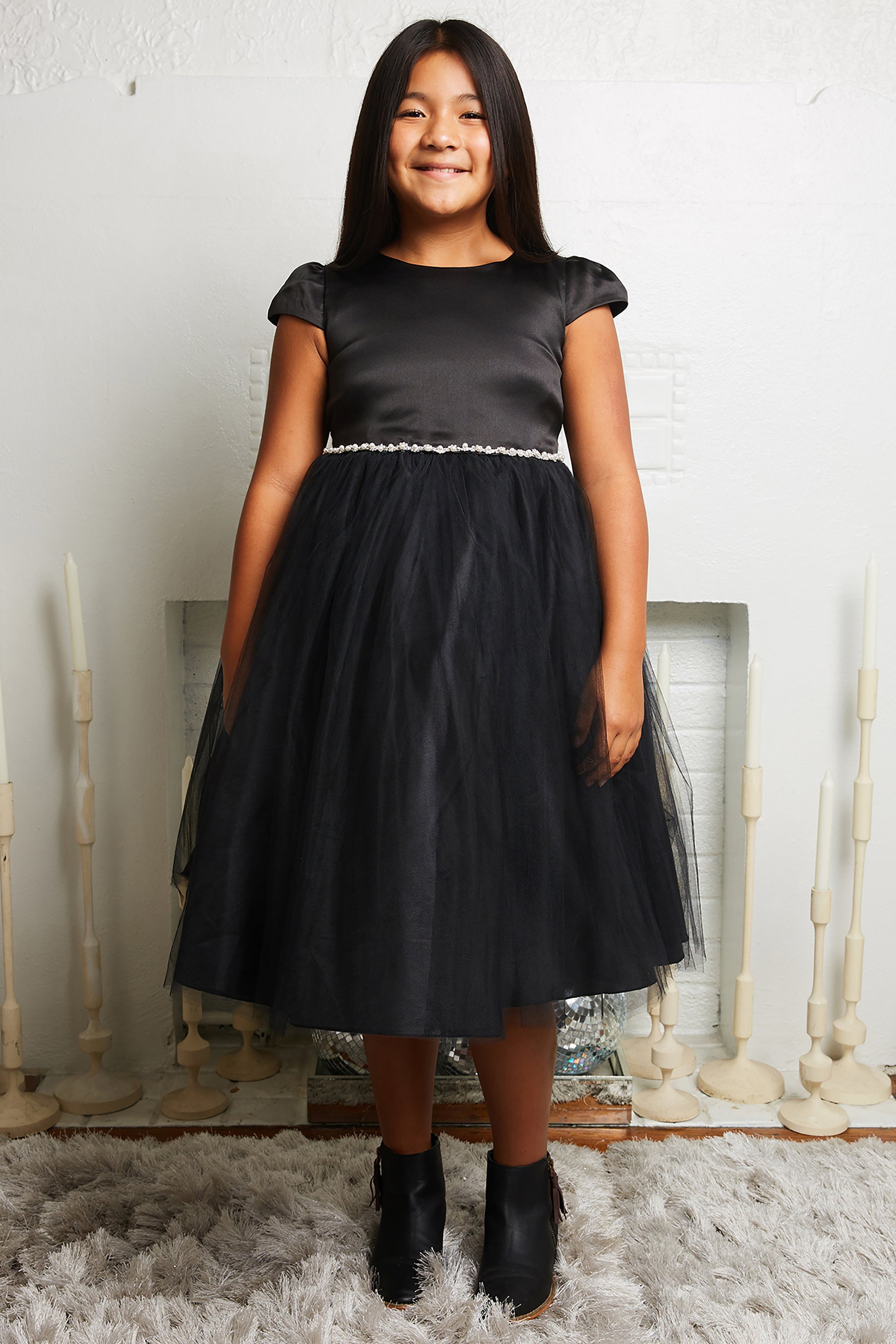 Capped Sleeve Satin & Tulle Girls Plus Size Dress with Wavy Rhinestone & Pearl Trim 16.5 / Silver Capped Sleeve Satin & Tulle Girls Plus Size Dress with Wavy Rhinestone & Pearl Trim 16.5 / Silver