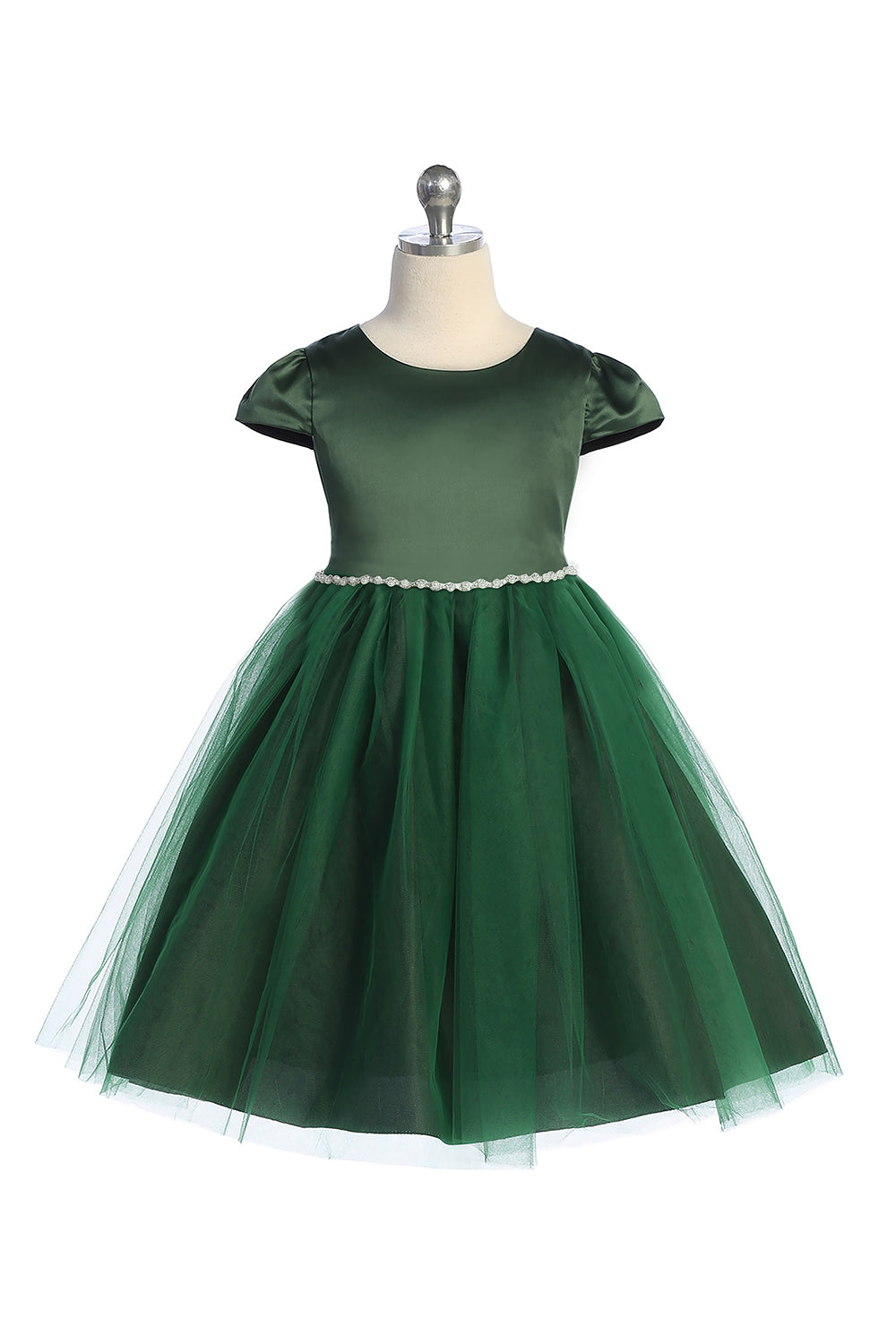 emerald green little girl dresses Capped Sleeve Satin & Tulle Girls Dress with Wavy Rhinestone & Pearl Trim 8 / Hunter Green
