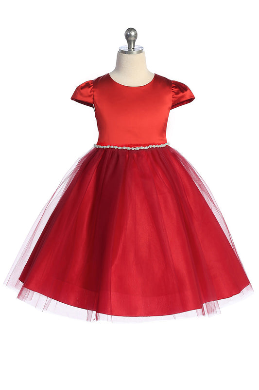 Capped Sleeve Satin & Tulle Girls Dress with Wavy Rhinestone & Pearl Trim