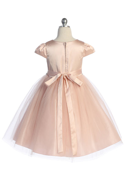 Dress - Capped Sleeve Satin & Tulle Plus Size Dress With Diamond Shaped Rhinestone Trim