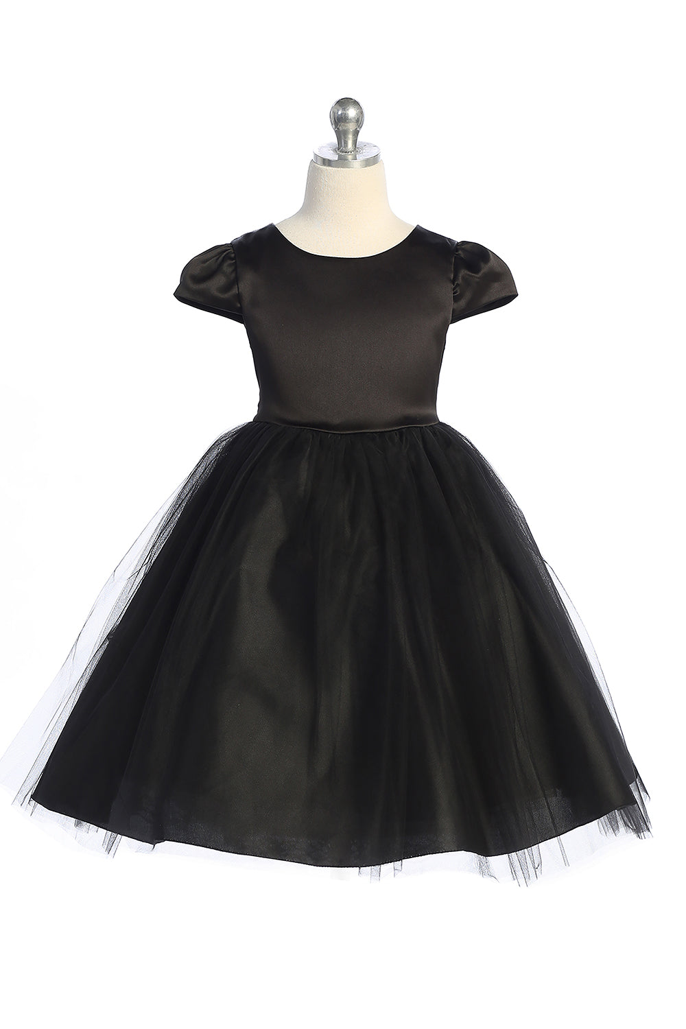 Capped Sleeve Satin & Tulle Girls Dress