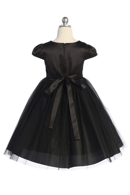 Capped Sleeve Satin & Tulle Girls Dress