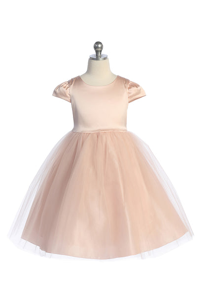 Capped Sleeve Satin & Tulle Girls Dress