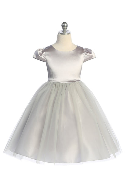 Capped Sleeve Satin & Tulle Girls Dress