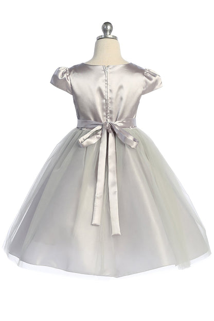 Capped Sleeve Satin & Tulle Girls Dress