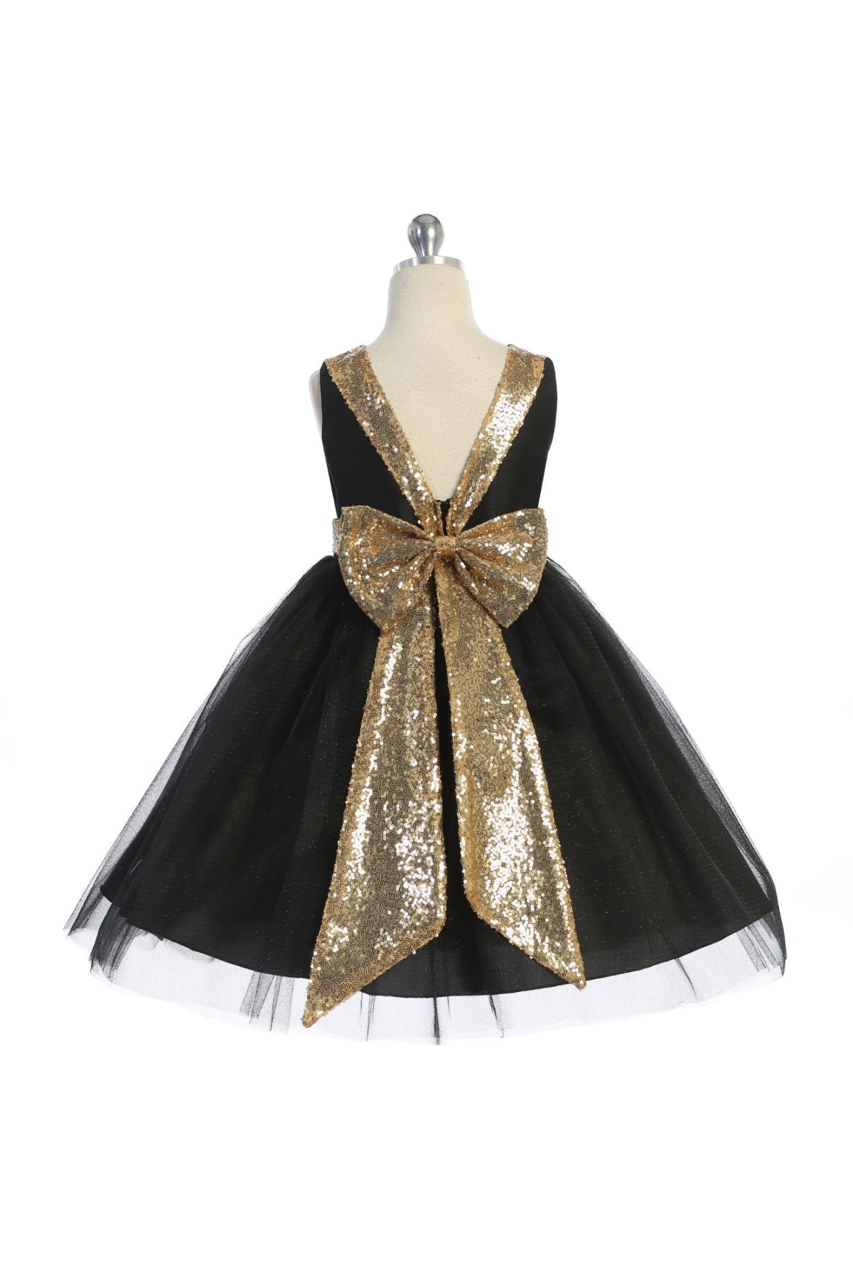 Gold Sequins V Back & Bow Girls Dress 4 / Green Gold Sequins V Back & Bow Girls Dress 4 / Green
