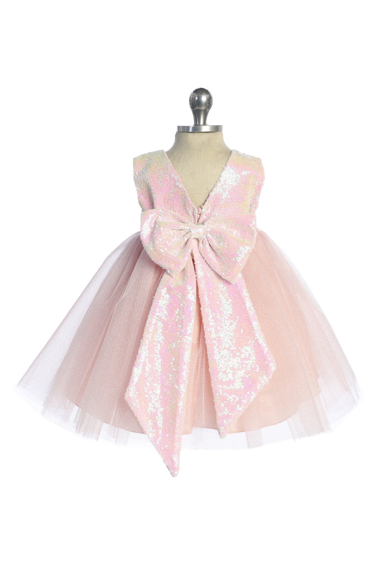 Pink/Iridescent Sequins V Back & Bow Baby Dress