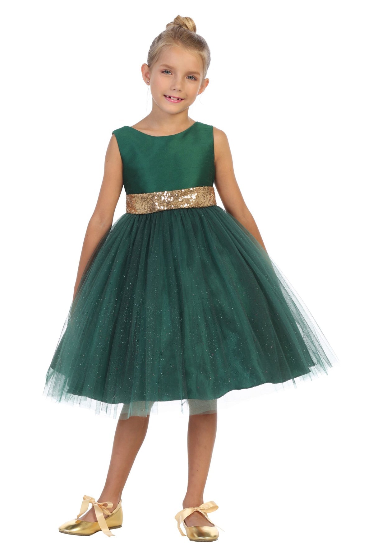 Gold Sequins V Back & Bow Girls Dress 4 / Green Gold Sequins V Back & Bow Girls Dress 4 / Green